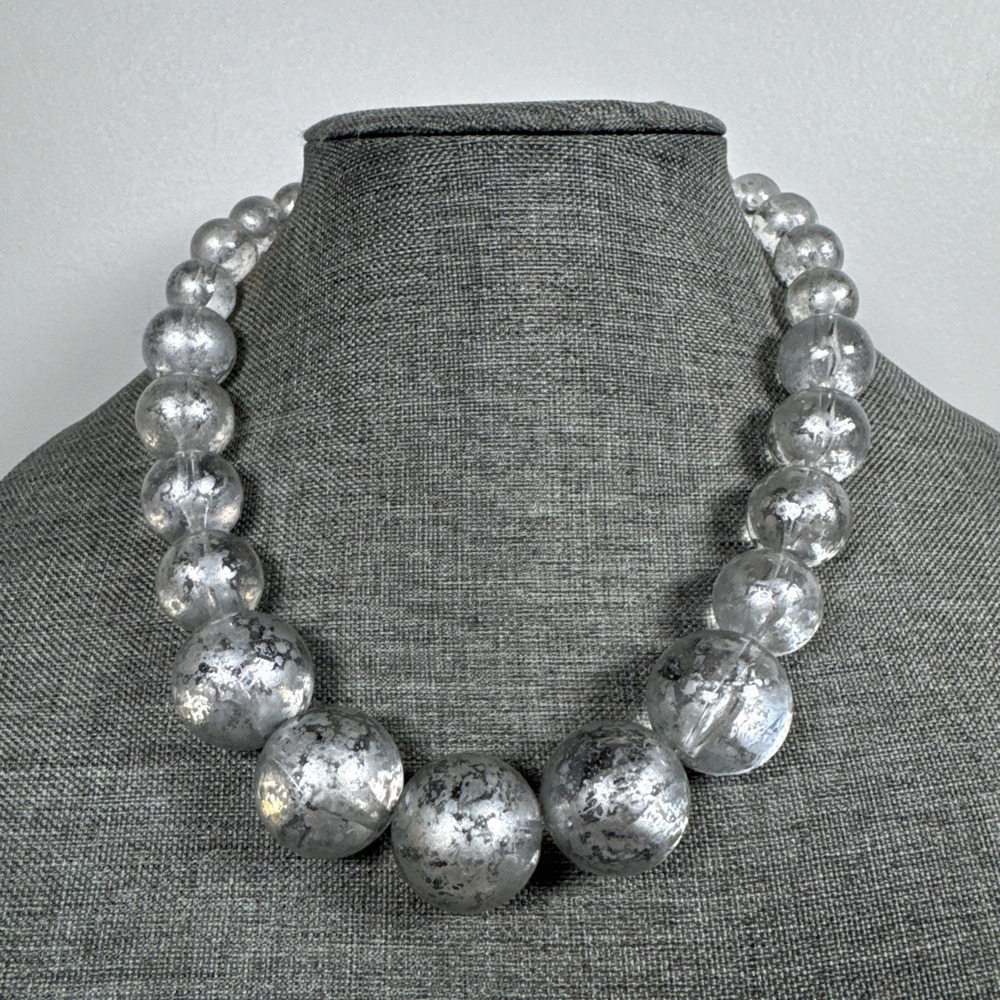 Vintage Clear Silver Foil  Lucite Bead Necklace Graduated 18+3"